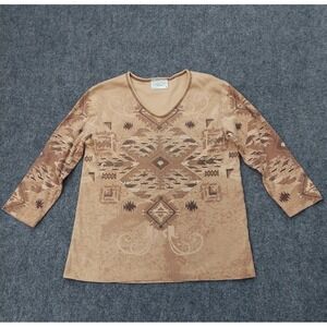 Cactus Bay Shirt Womens Medium Brown Aztec Southwest Embellished V Neck 3/4 Slv